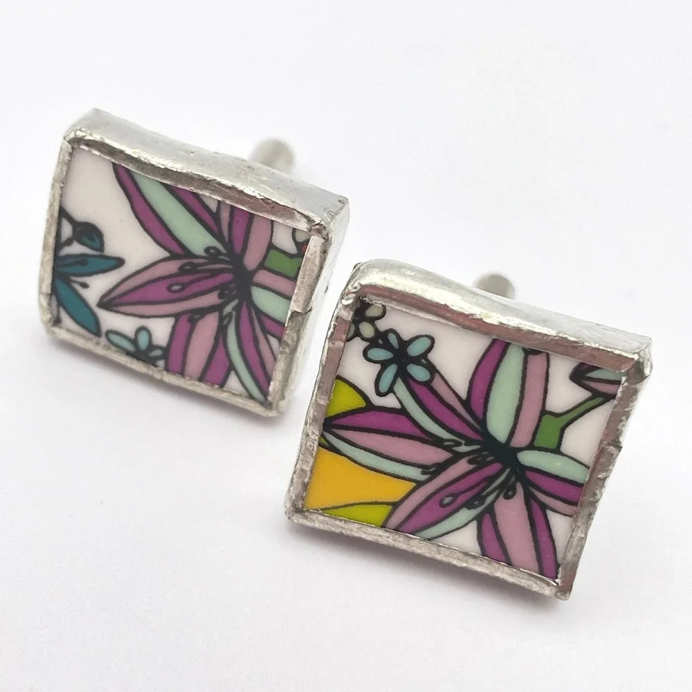 Artisan Made Ceramic Floral Silver Cufflinks Handmade - Picture 5 of 10